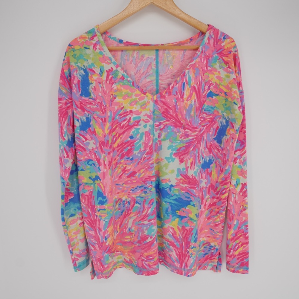 Lilly Pulitzer Treena Top Womens S Pink Tropical Preppy Luxletic Resort V Neck - Picture 10 of 11
